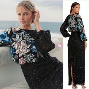 Mac Duggal 5615 Embellished‎ Multi Color Floral High Neck Black Gown Size 4